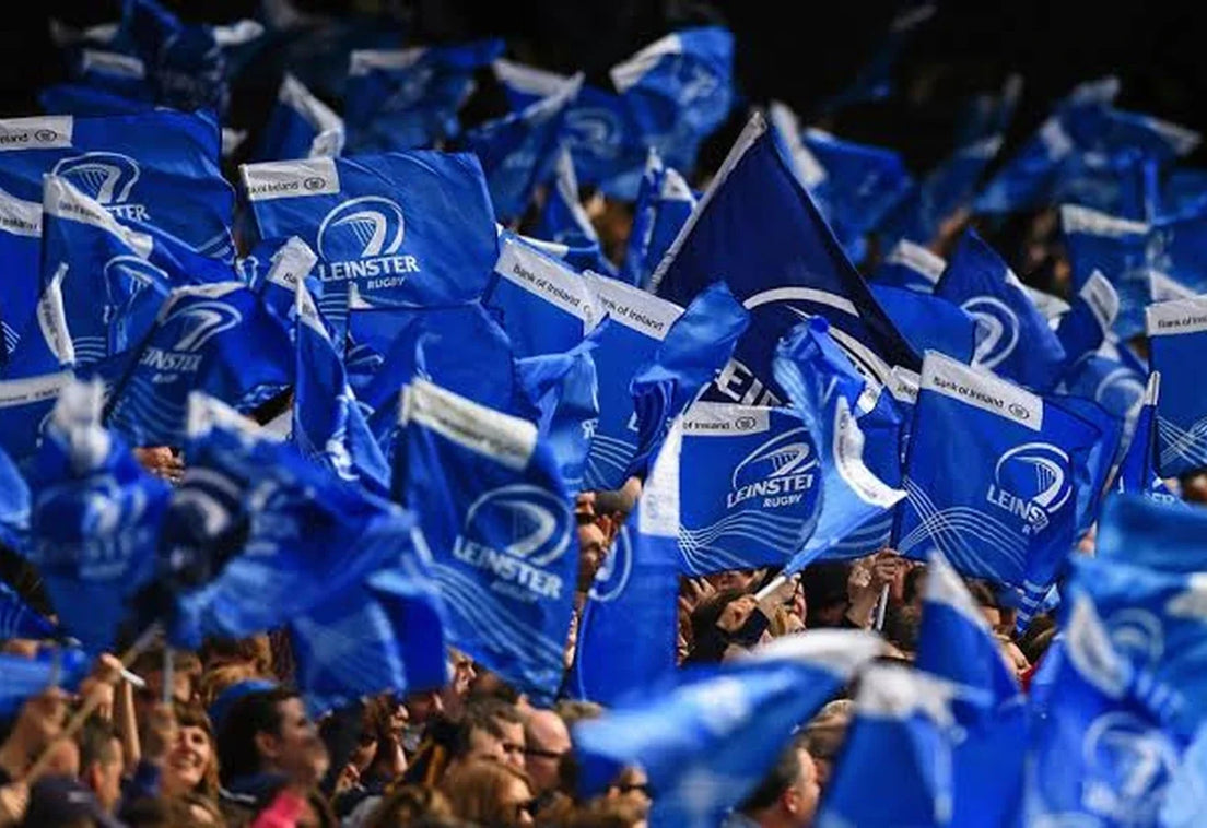 Leinster Rugby supporters packed into the stand, waving a dense wall of blue Leinster flags.