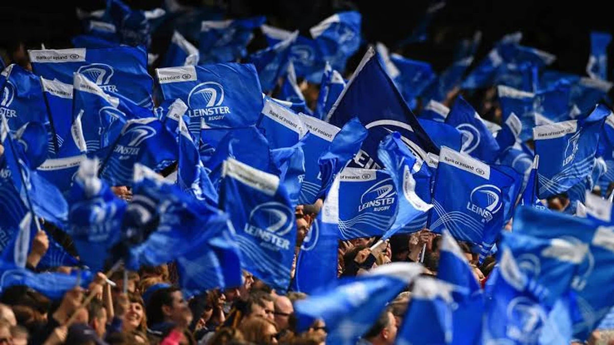 Leinster Rugby supporters packed into the stand, waving a dense wall of blue Leinster flags.