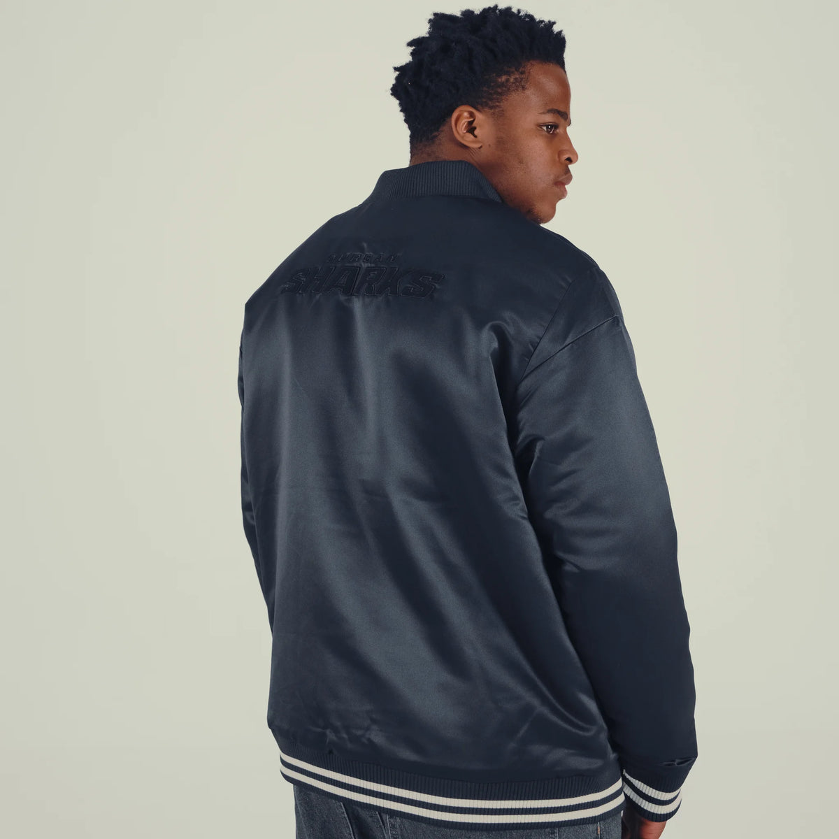 Hollywoodbets Sharks Reebok players varsity jacket in navy satin – view 3